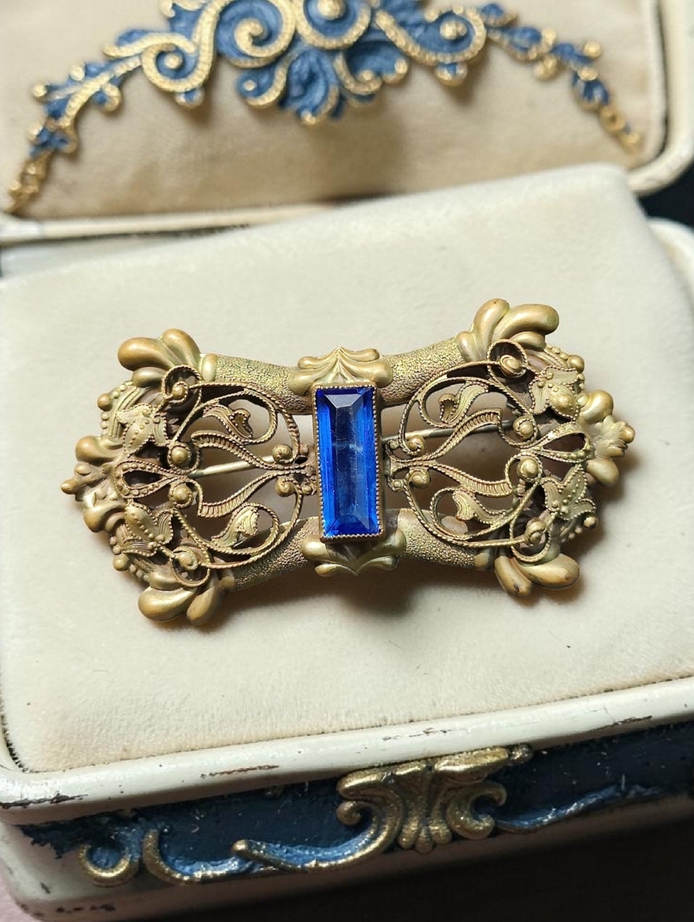 Large Antique Brass And Blue Stone Brooch